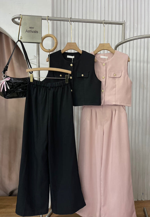 Casual Sleeveless Vest With Wide Trousers  Sets